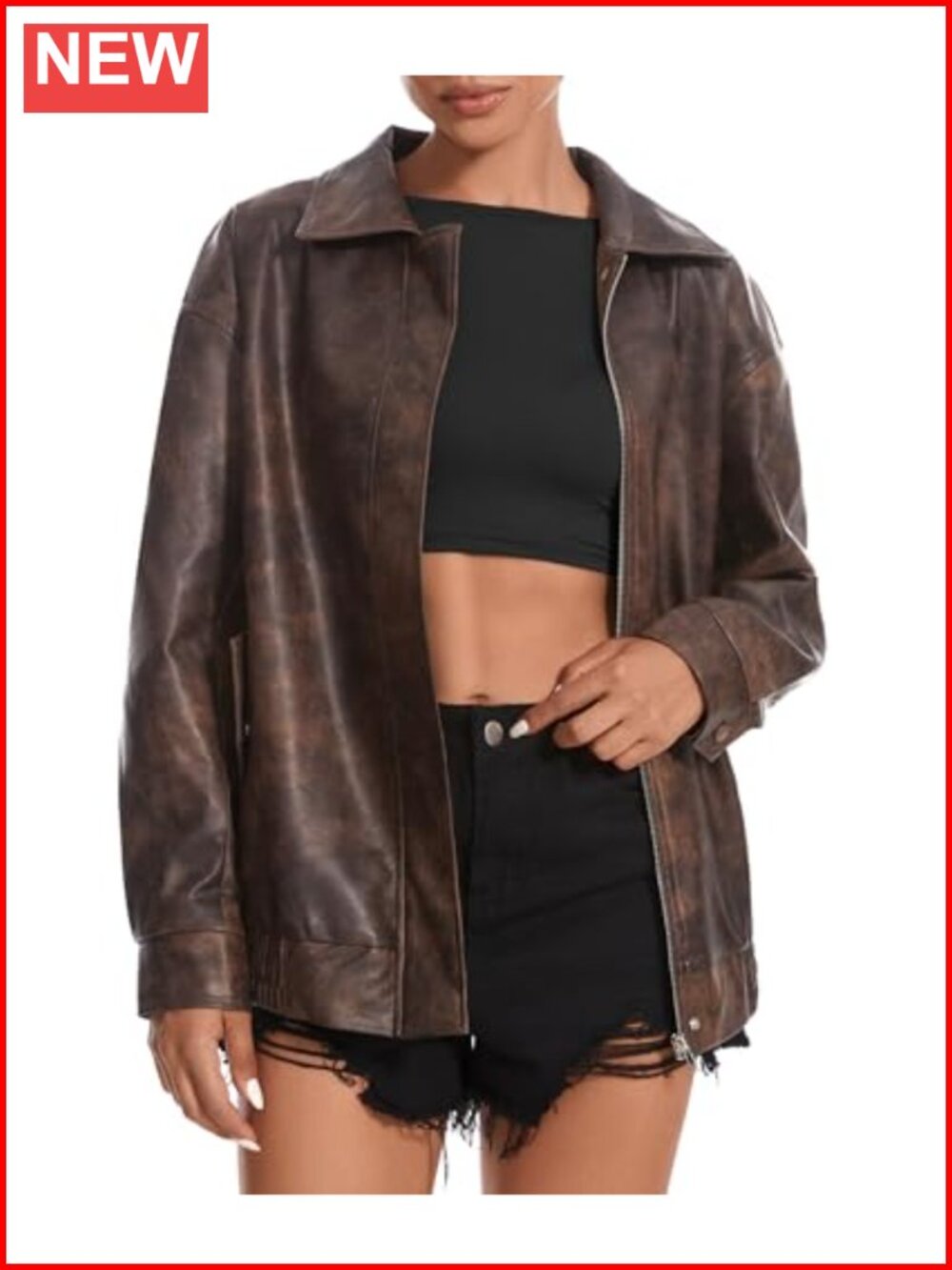 Oversized Womens Faux Leather Moto Jacket Zipper Coat